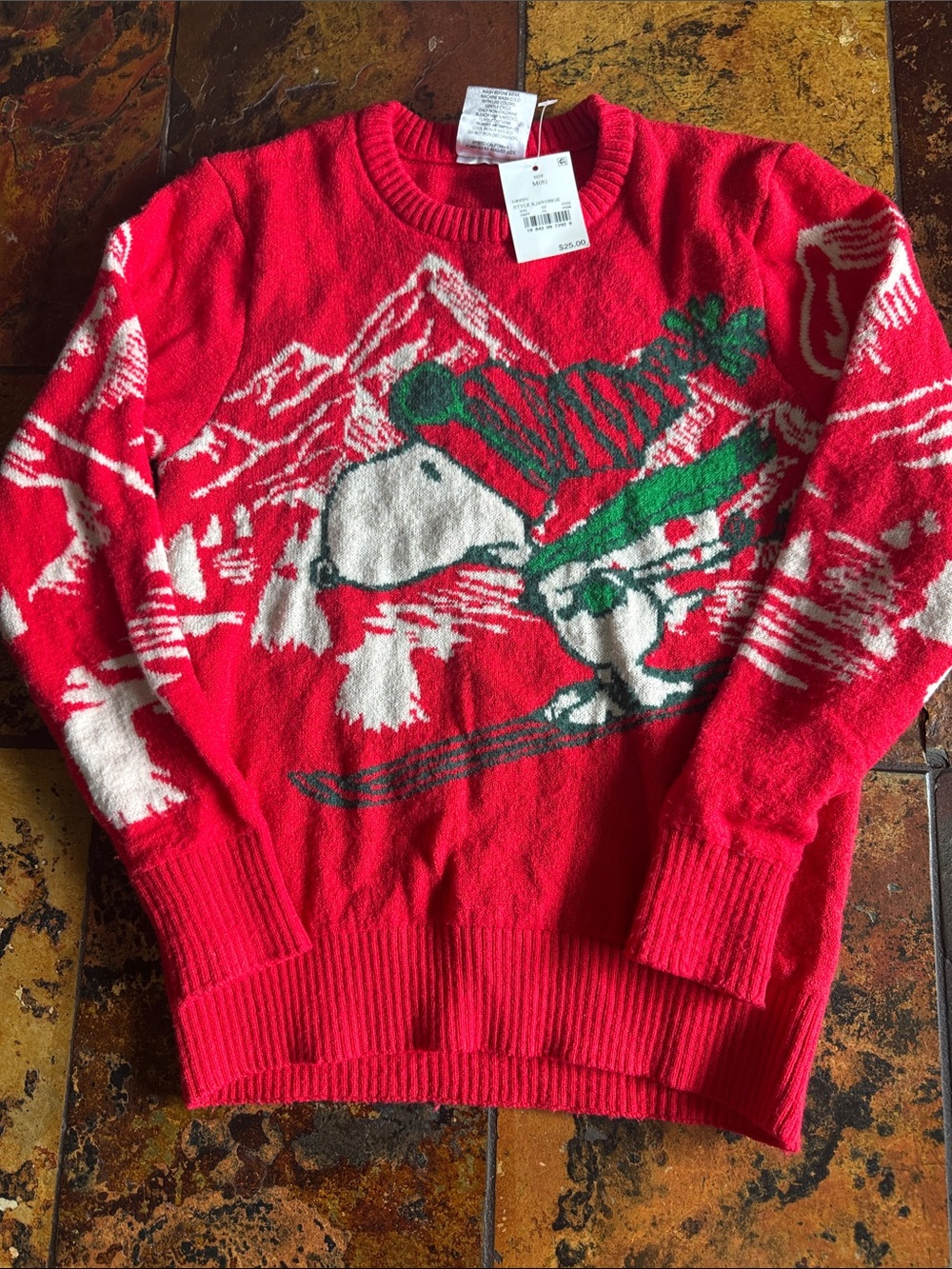 Peanuts Red Snoopy Skiing Crewneck Sweater with Green Accents(1128)